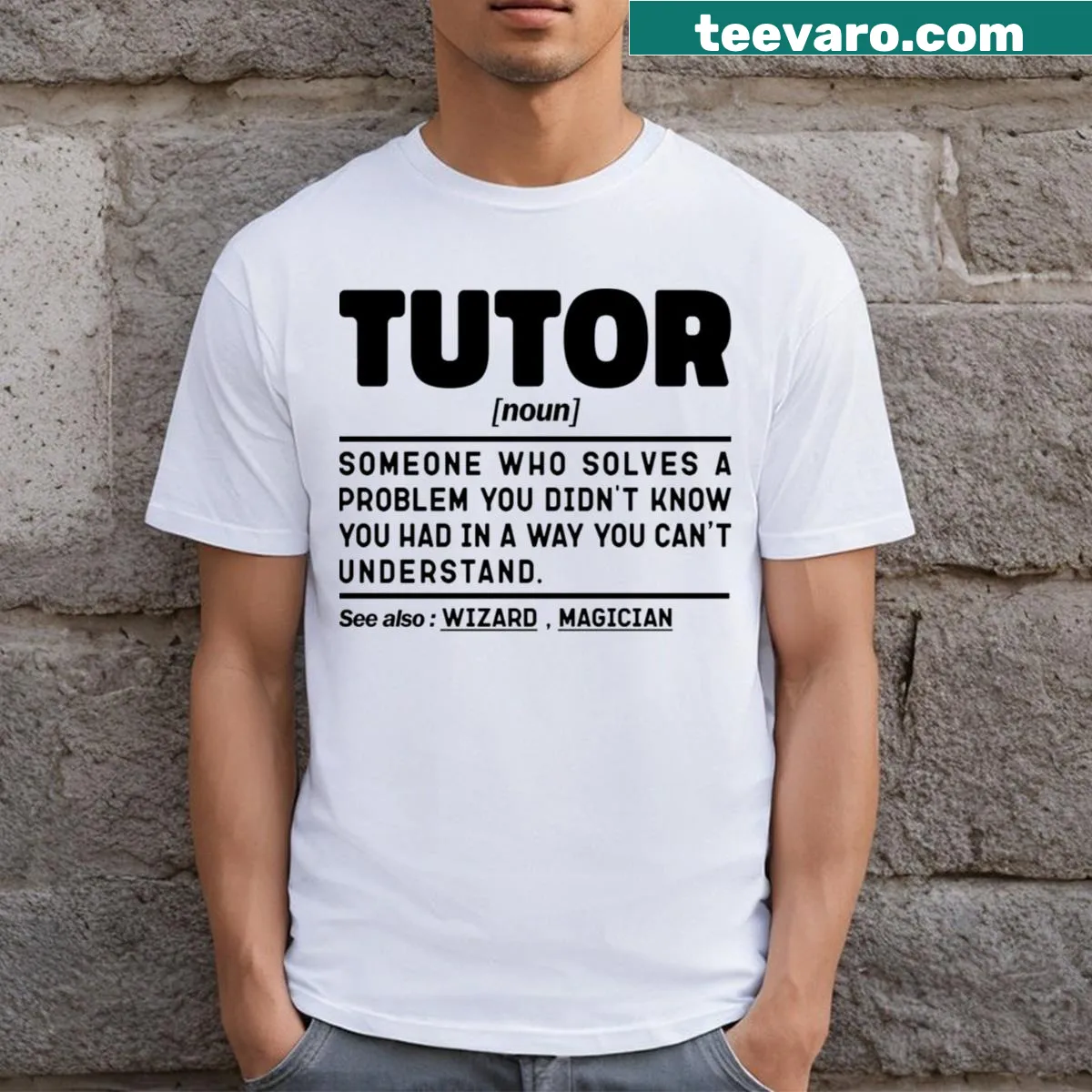 Sarcastic T-shirt with tutor definition graphic — on a men's t-shirt