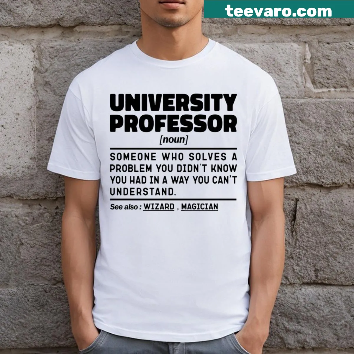 Funny T-shirt with university professor definition graphic — on a men's t-shirt