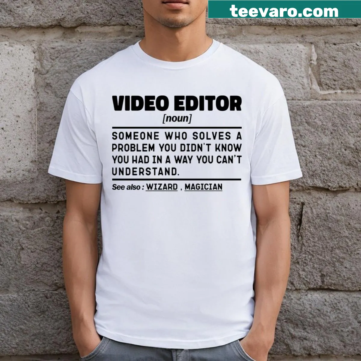 Sarcastic definition t-shirt for video editors with funny sayings — on a men's t-shirt