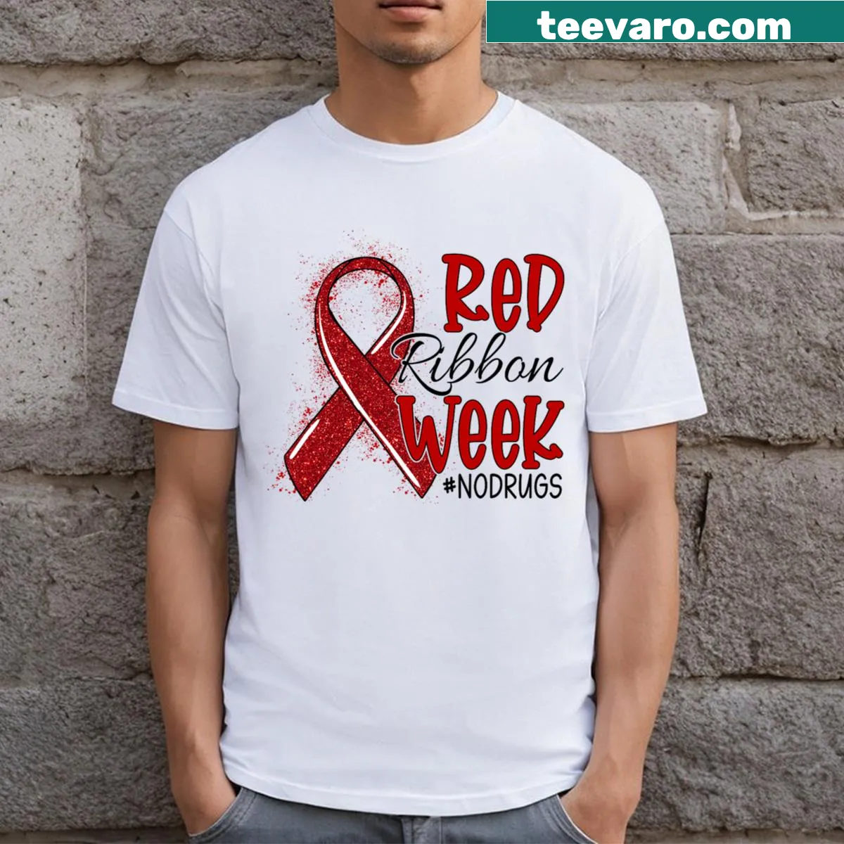 Heart ribbon design T-shirt for Red Ribbon Week awareness — on a men's t-shirt