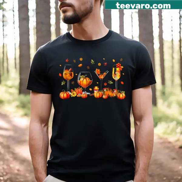 Thanksgiving T-shirt with wine glasses and pumpkins graphic