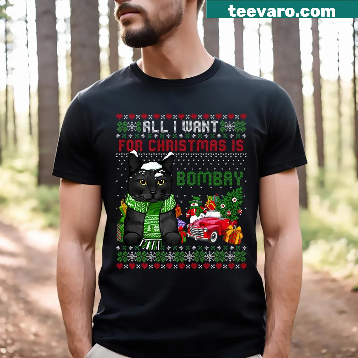 Ugly Christmas T-shirt featuring 'All I Want For Christmas Is Bombay' — on a men's t-shirt
