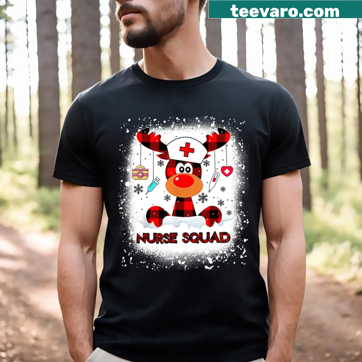 Cute reindeer graphic T-shirt for nurses celebrating Christmas. — on a men's t-shirt