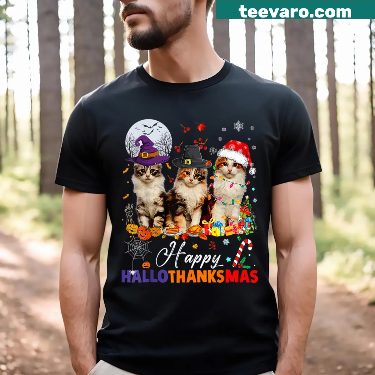 Playful cat illustrations on a Hallothanksmas graphic T-shirt. — on a men's t-shirt