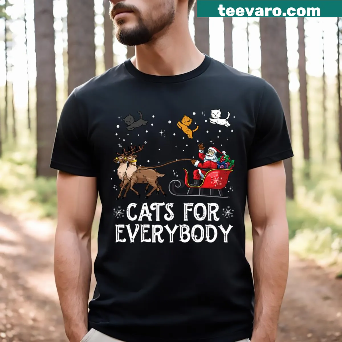Funny Christmas T-shirt with cats in Santa hats and festive text — on a men's t-shirt