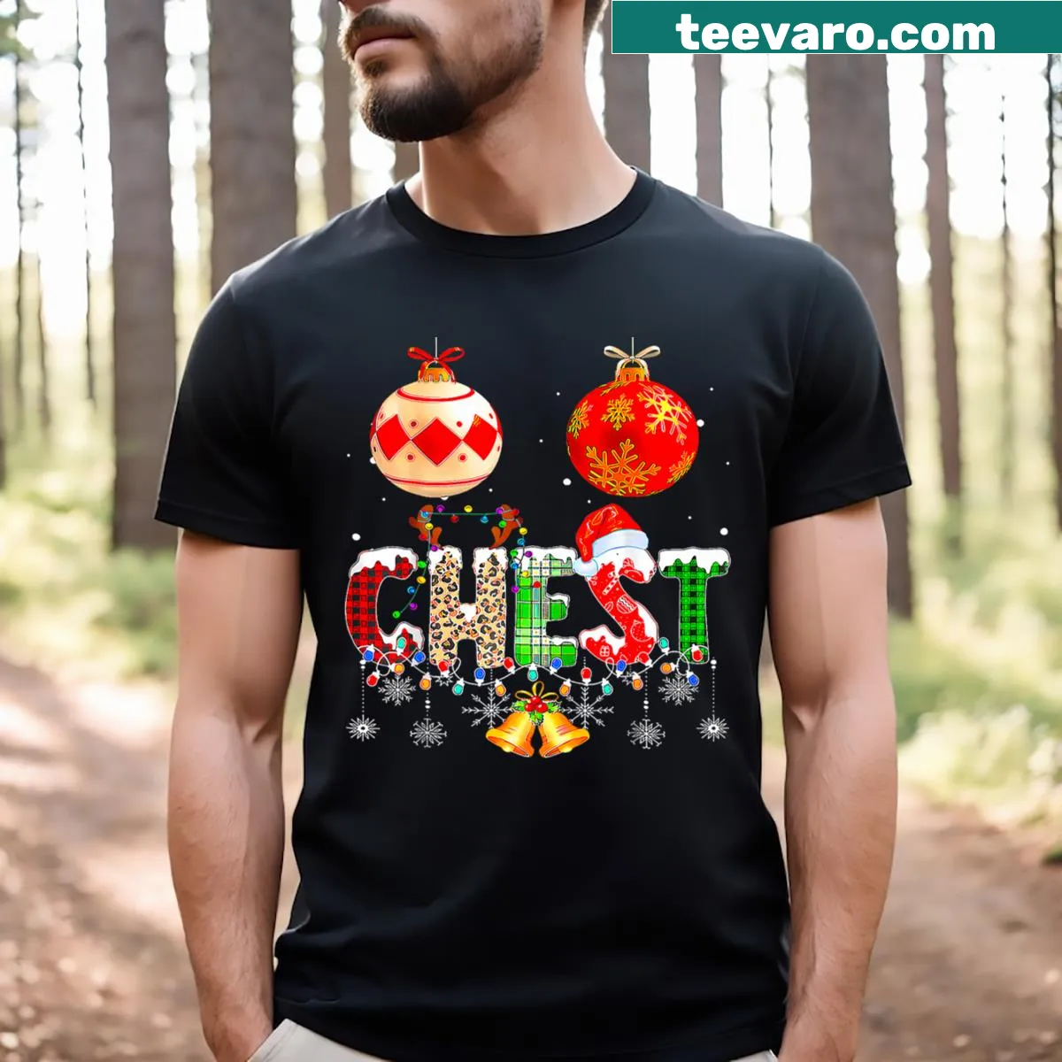 Matching couple T-shirt with 'Chest Nuts' text design for Christmas. — on a men's t-shirt