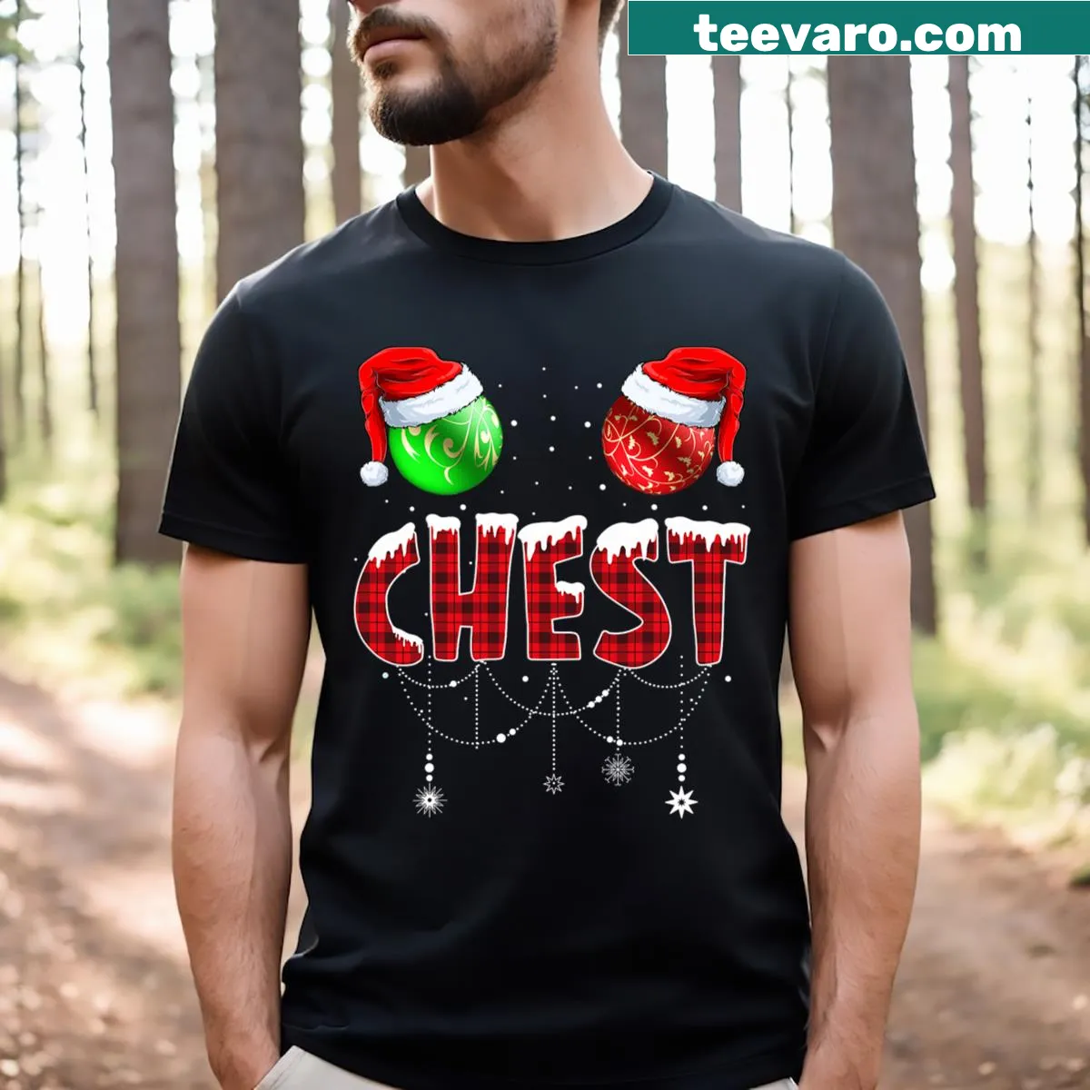 Couple T-shirt with 'Chest Nuts' text design for Christmas celebrations. — on a men's t-shirt