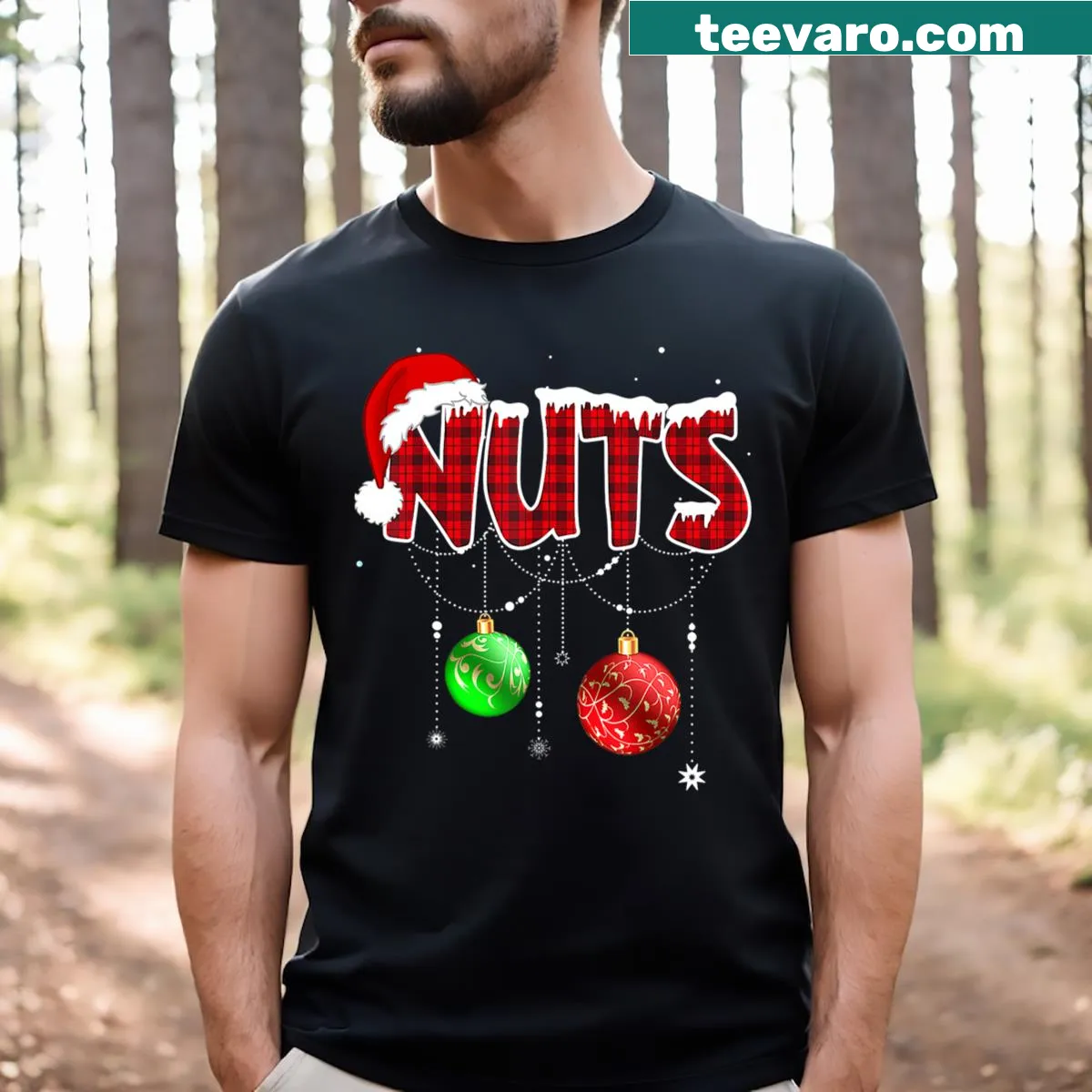 Couples Christmas T-shirt with playful 'Chest Nuts' design. — on a men's t-shirt