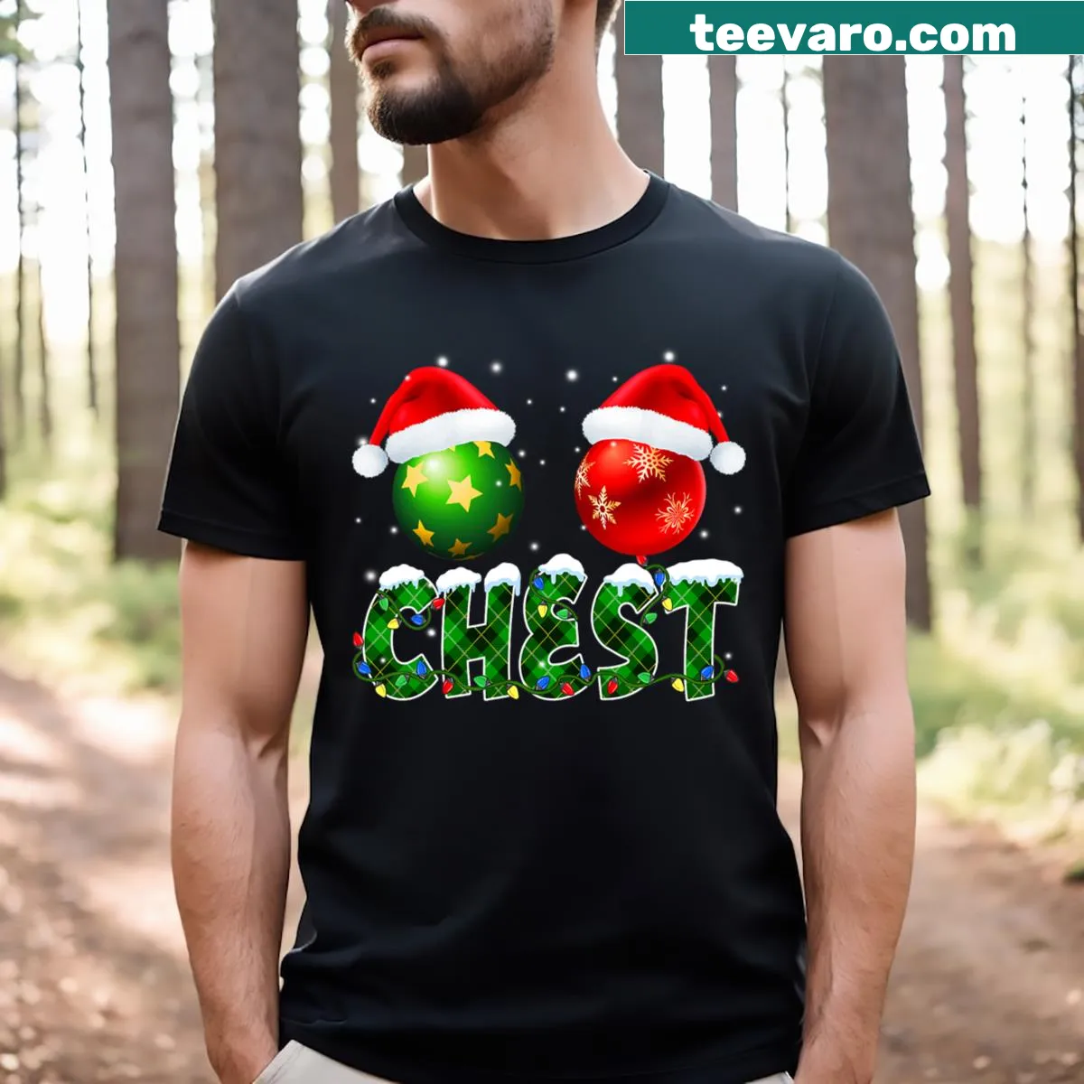 Ugly Christmas T-shirt with cartoon chestnuts and festive design — on a men's t-shirt