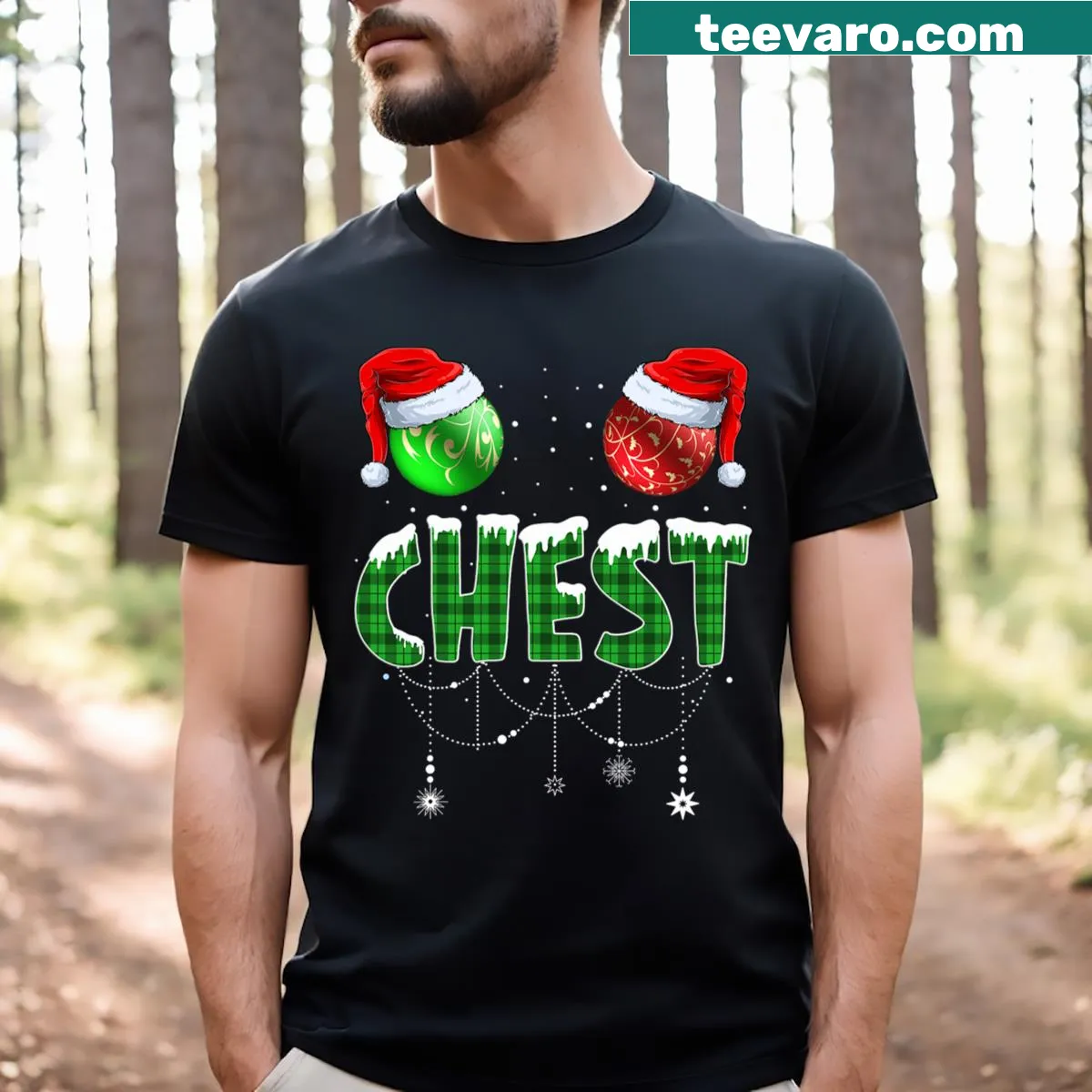 Funny Christmas T-shirt featuring 'Chest Nuts' for couples. — on a men's t-shirt