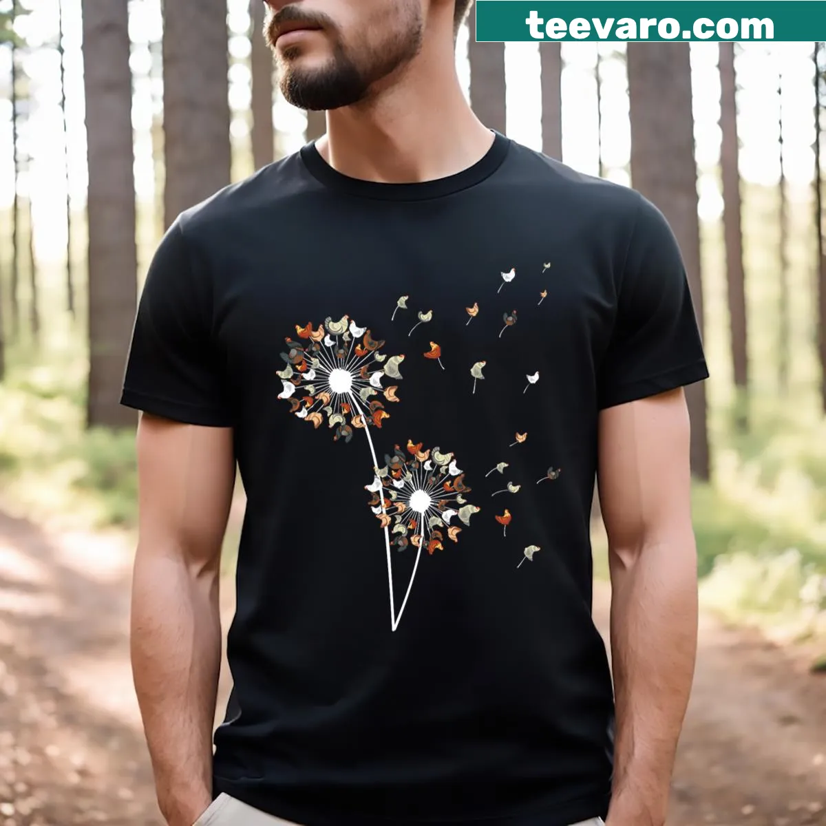 Artistic chicken design T-shirt for chicken farmers and dandelion lovers. — on a men's t-shirt