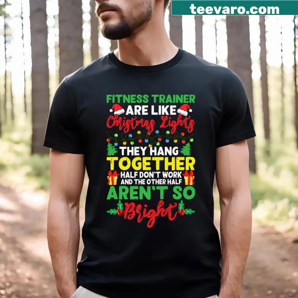 Fun fitness trainer t-shirt with Christmas light-themed text