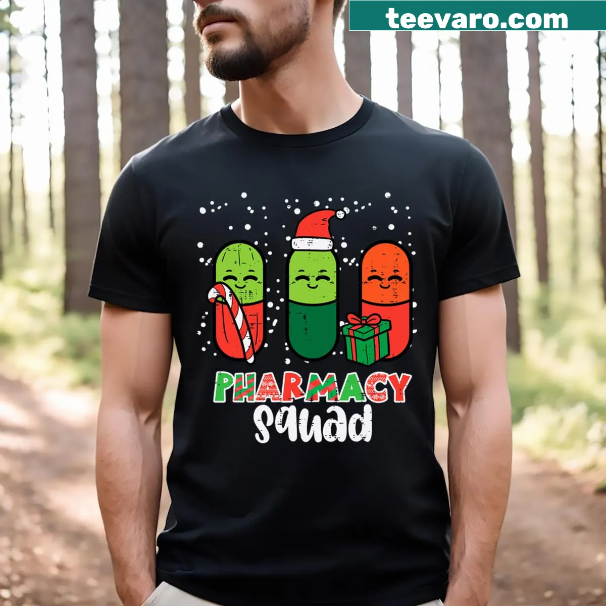 Christmas T-shirt for pharmacists with pills and holiday theme — on a men's t-shirt
