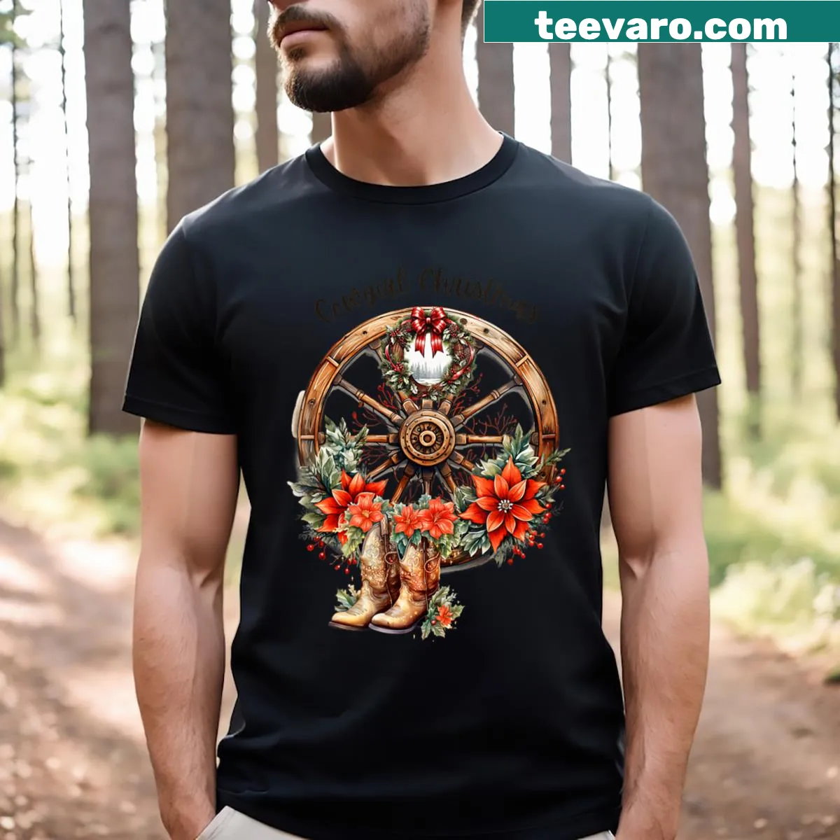 Illustration of a cowgirl with Christmas decorations and black wheel design — on a men's t-shirt