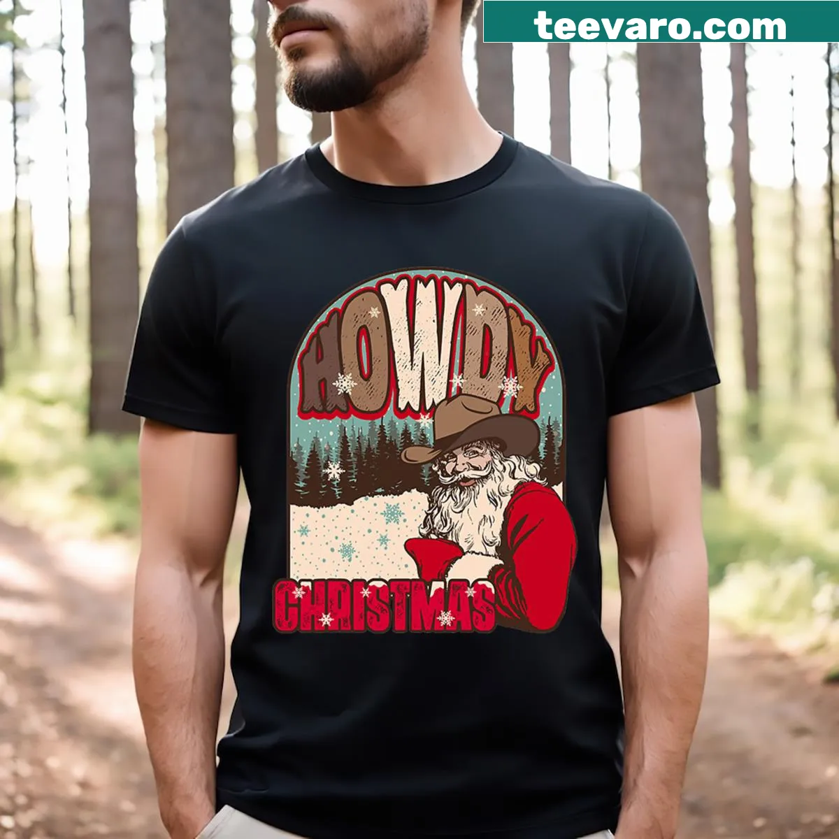 Western-style Santa Claus graphic T-shirt for men — on a men's t-shirt