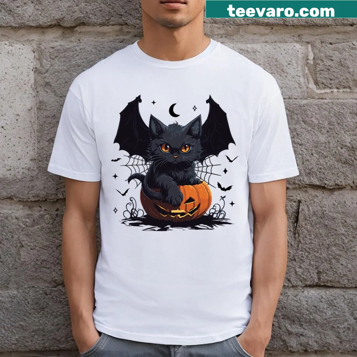 Cute Halloween T-shirt featuring a black cat with bat wings — on a men's t-shirt