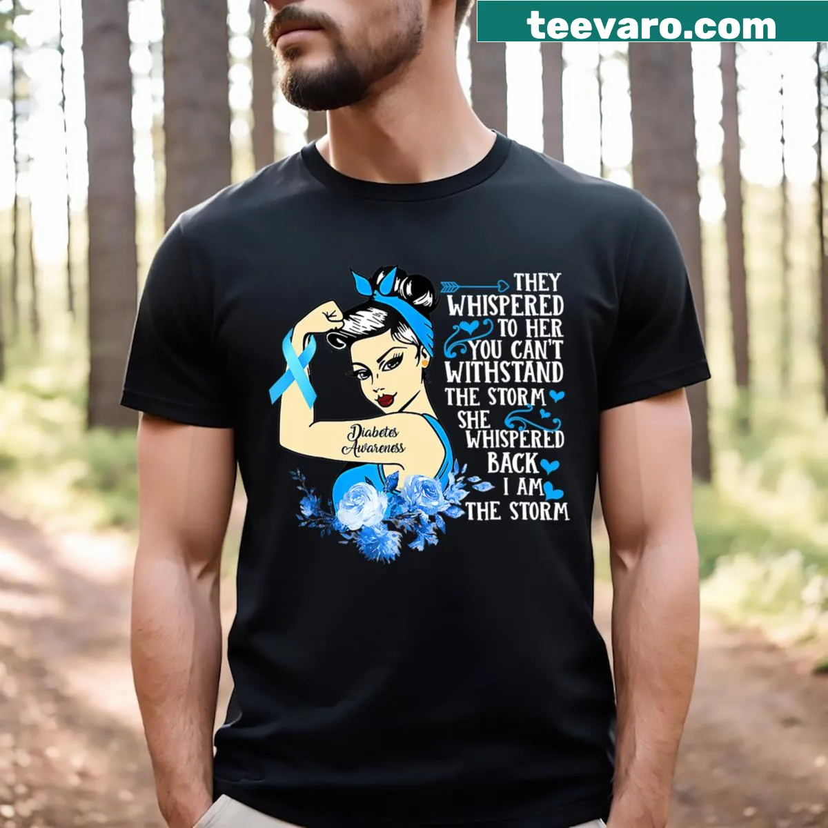 Inspirational diabetes awareness T-shirt with powerful warrior text — on a men's t-shirt