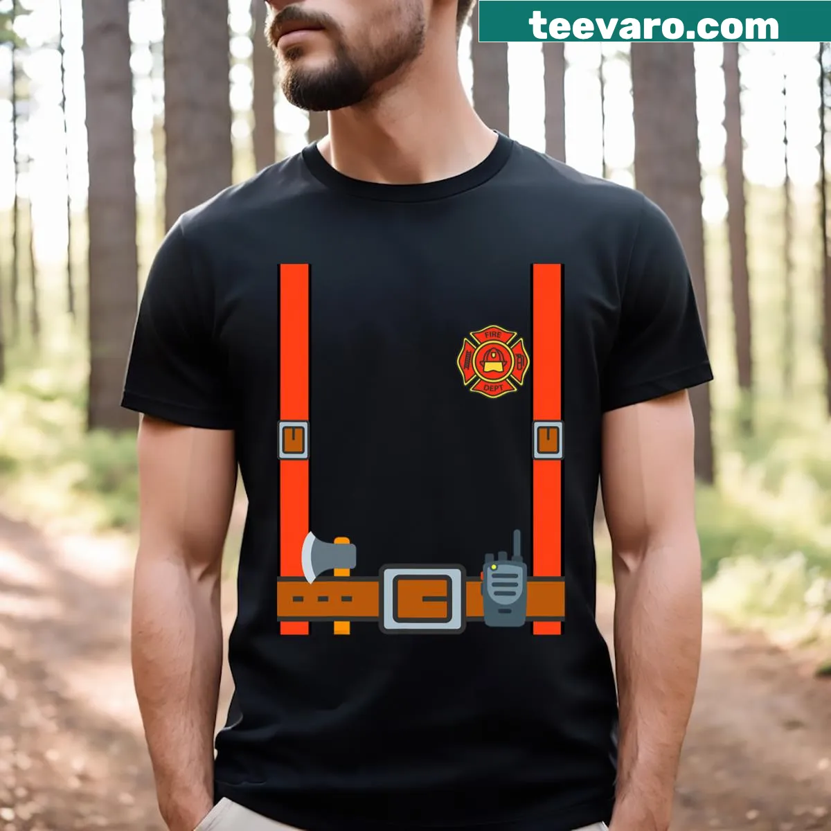 Funny fireman graphic Halloween dress-up T-shirt — on a men's t-shirt
