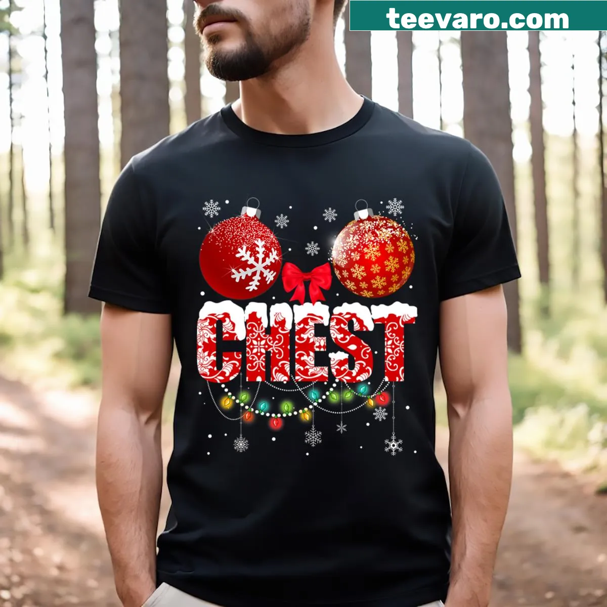 Couple's Christmas T-shirt with cartoon chestnuts illustration — on a men's t-shirt