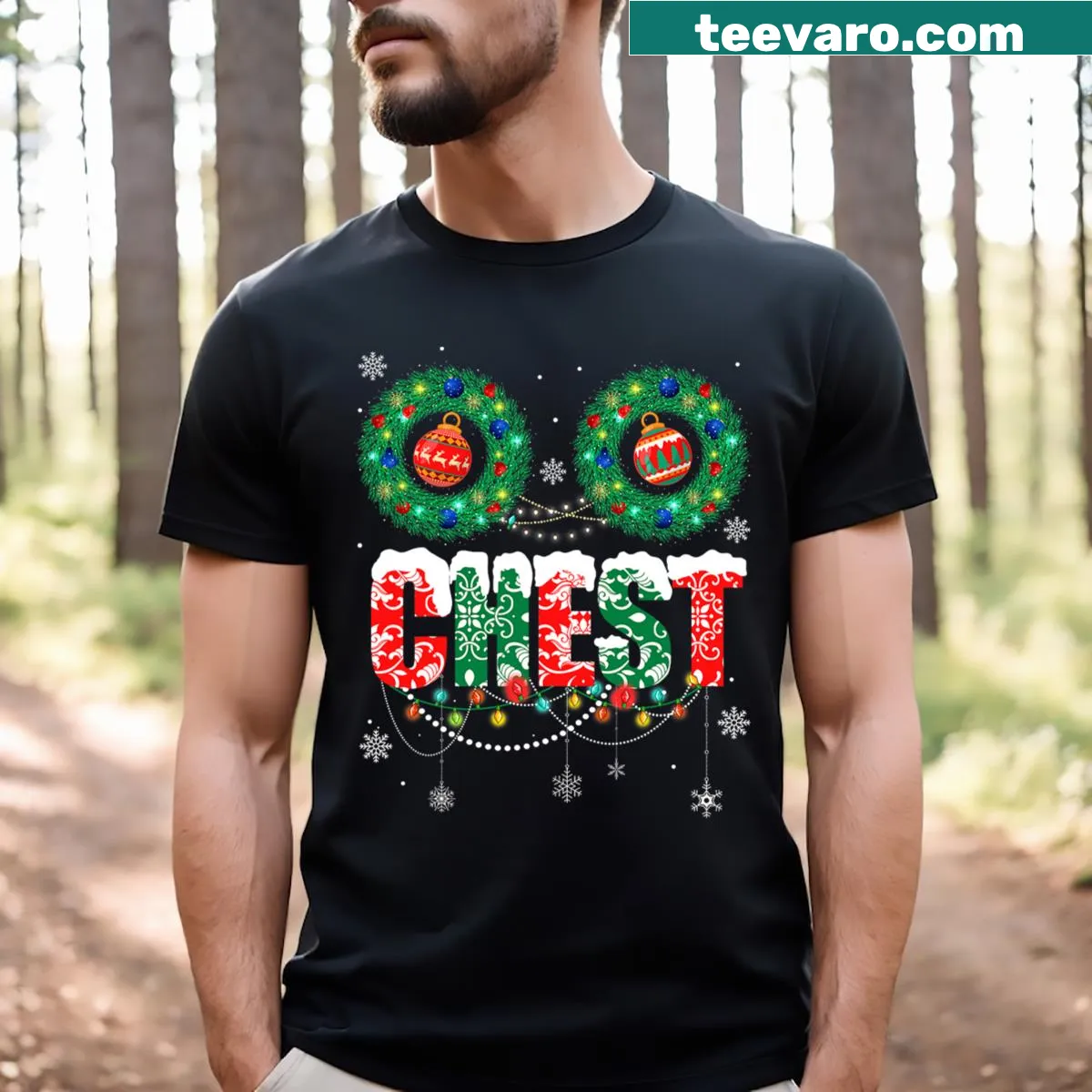 Cute chestnuts graphic with humorous text on a Christmas t-shirt — on a men's t-shirt