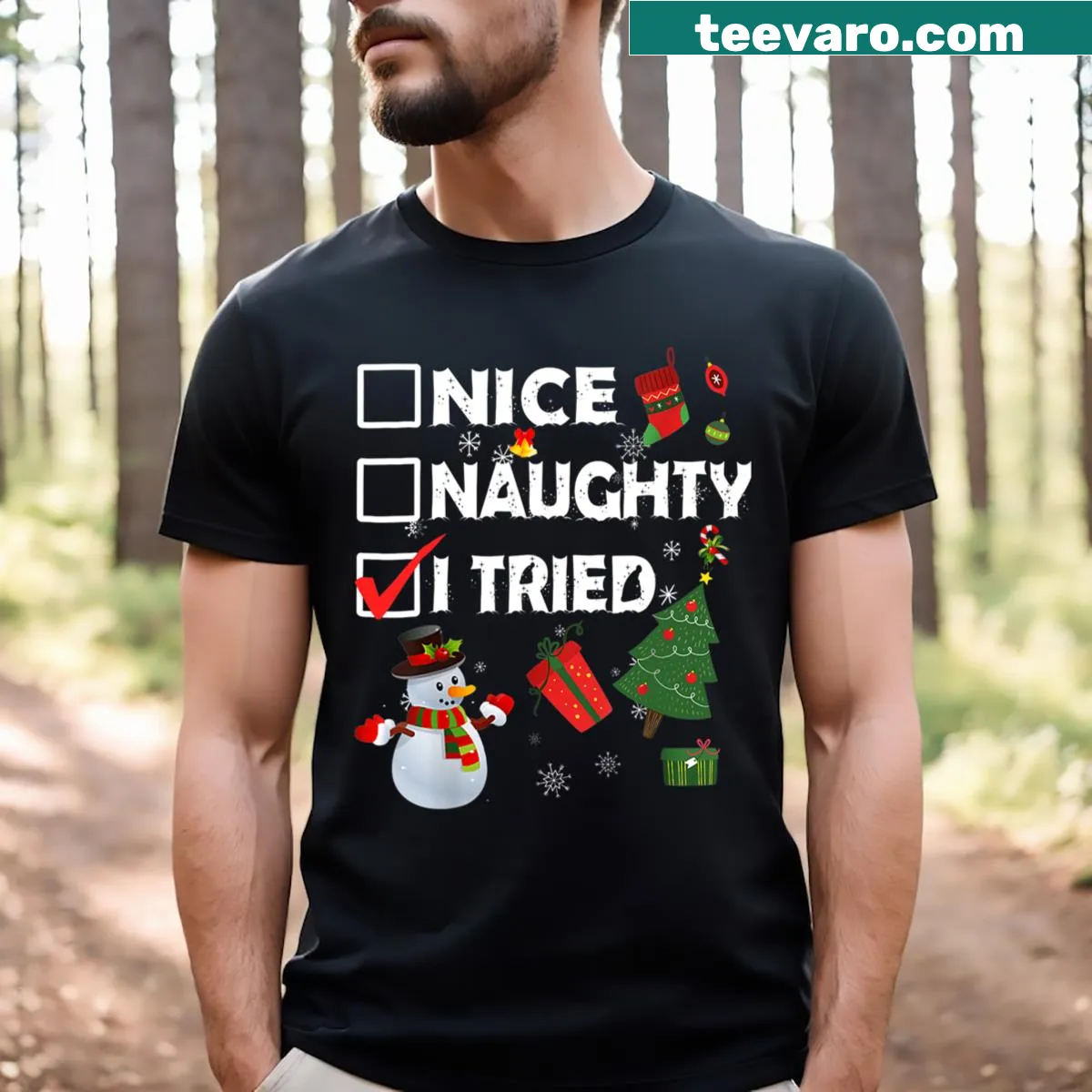 Humorous naughty or nice slogan on a Christmas t-shirt — on a men's t-shirt