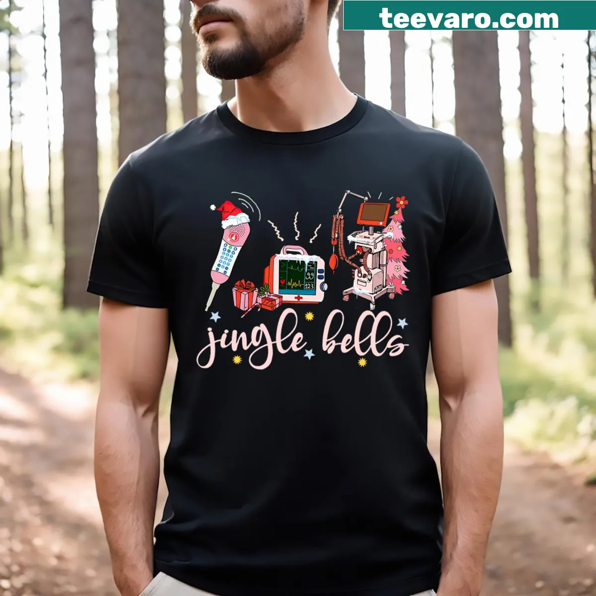Christmas T-shirt for telemetry nurses featuring a funny jingle bells theme — on a men's t-shirt