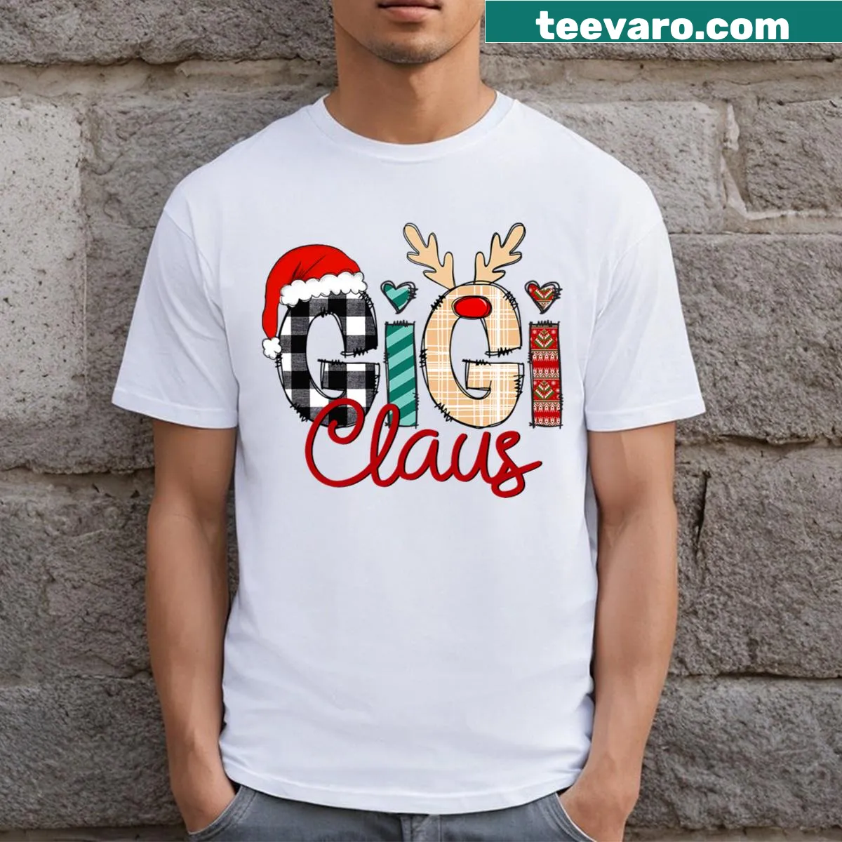 Festive Christmas t-shirt featuring Gigi Claus and reindeer illustration — on a men's t-shirt
