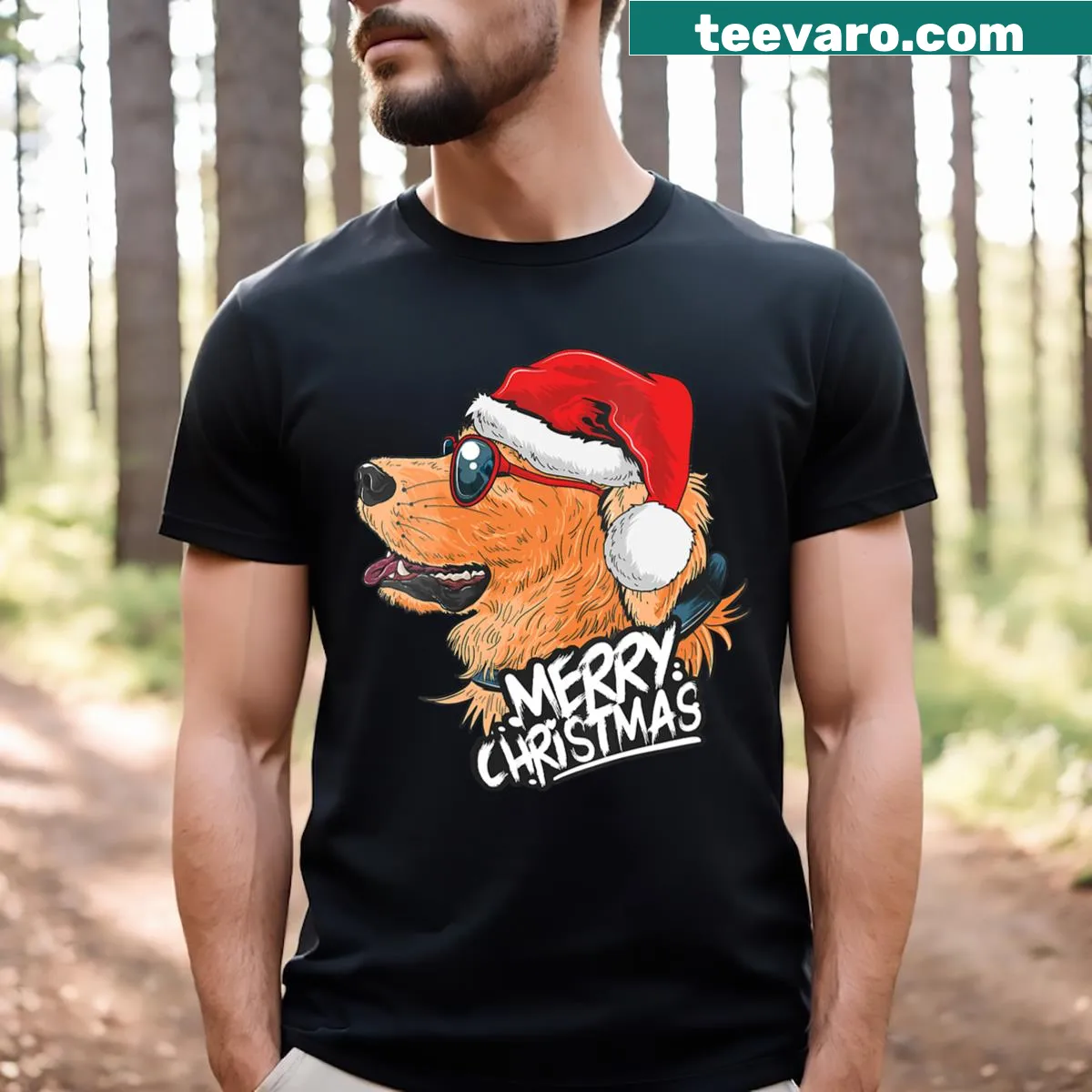 V-neck Christmas shirt with golden retriever Santa design — on a men's t-shirt