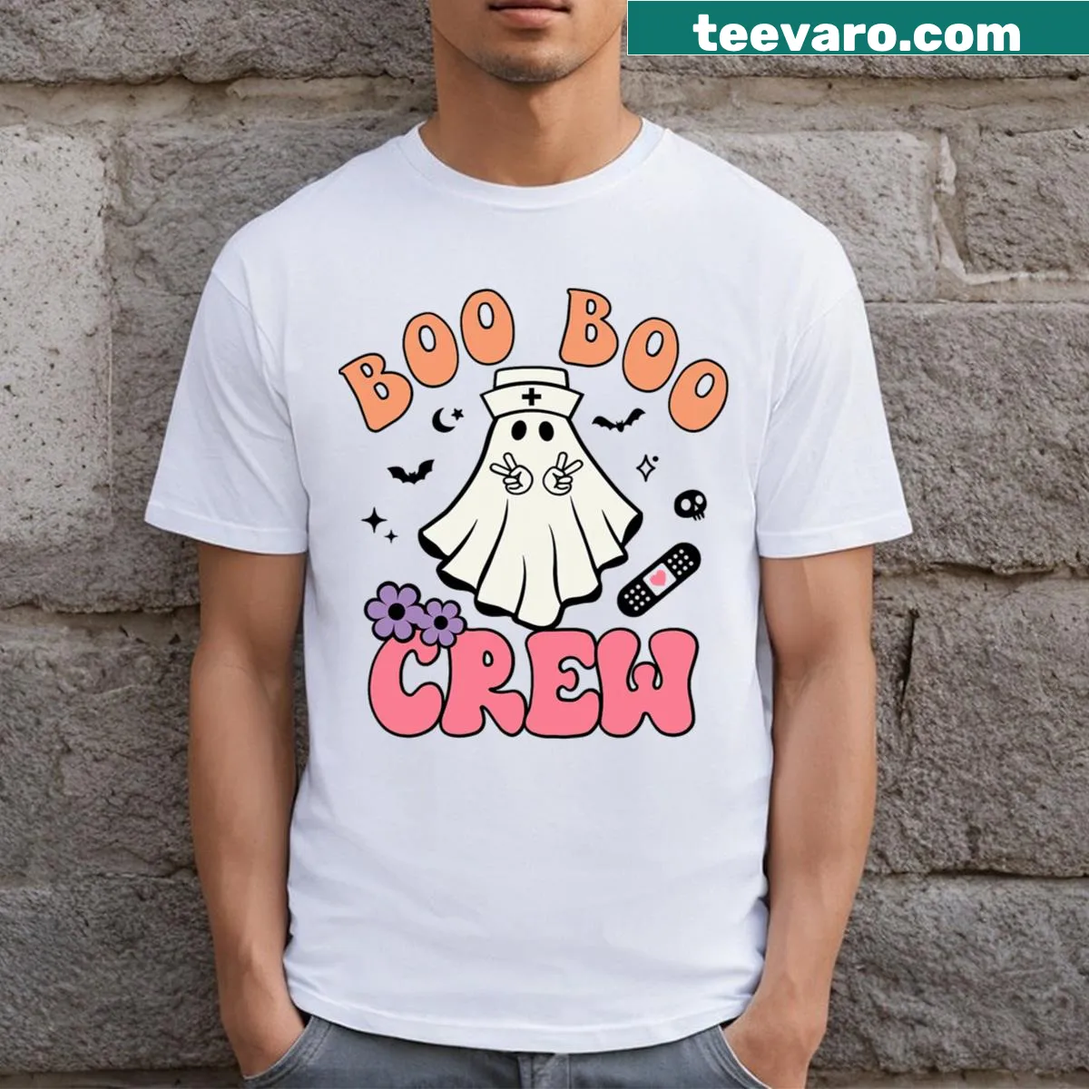 Halloween-themed nurse T-shirt with ghost graphic and funny text — on a men's t-shirt