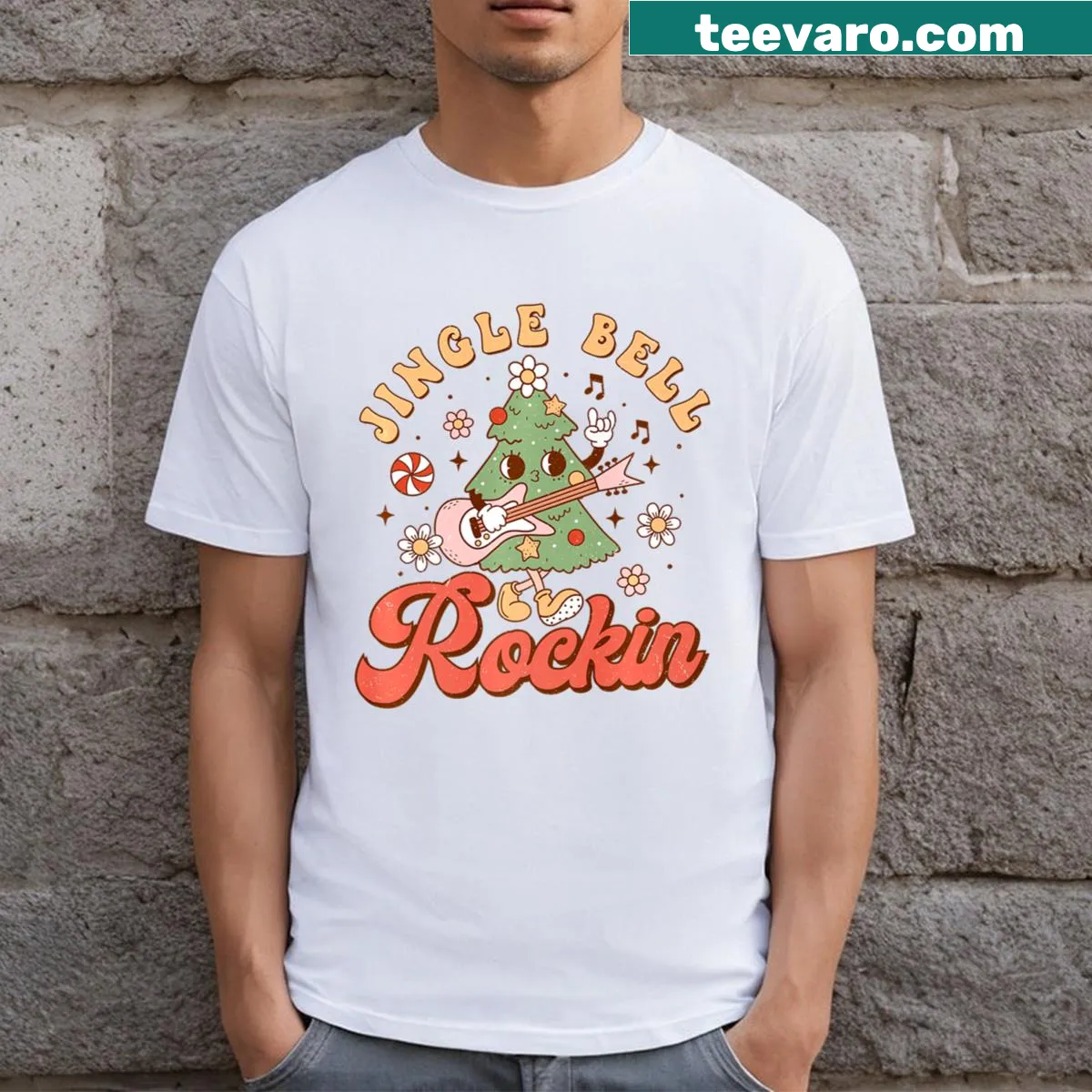 Playful Christmas T-shirt with cartoon tree and festive design — on a men's t-shirt