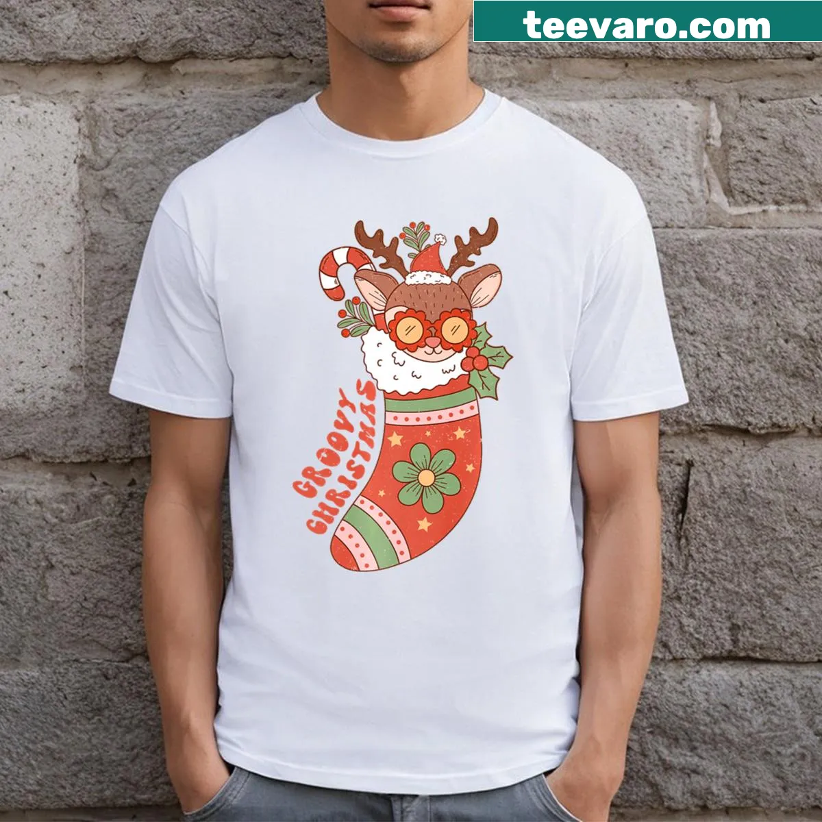 Christmas T-shirt featuring a retro sock-wearing reindeer — on a men's t-shirt
