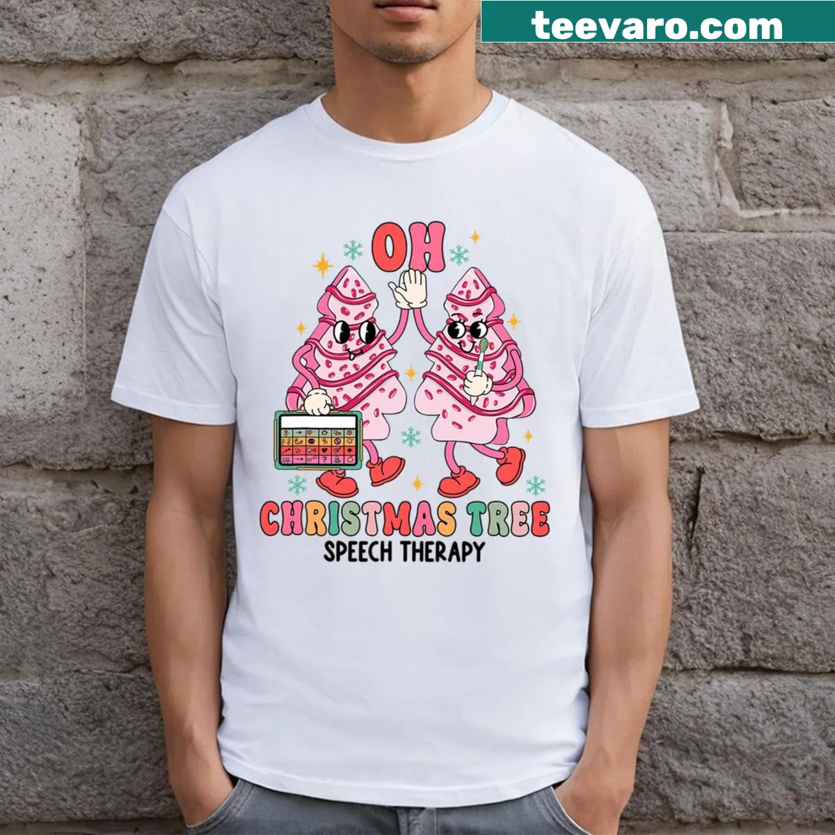 Illustrated Christmas cake with tree and playful text for speech therapists — on a men's t-shirt