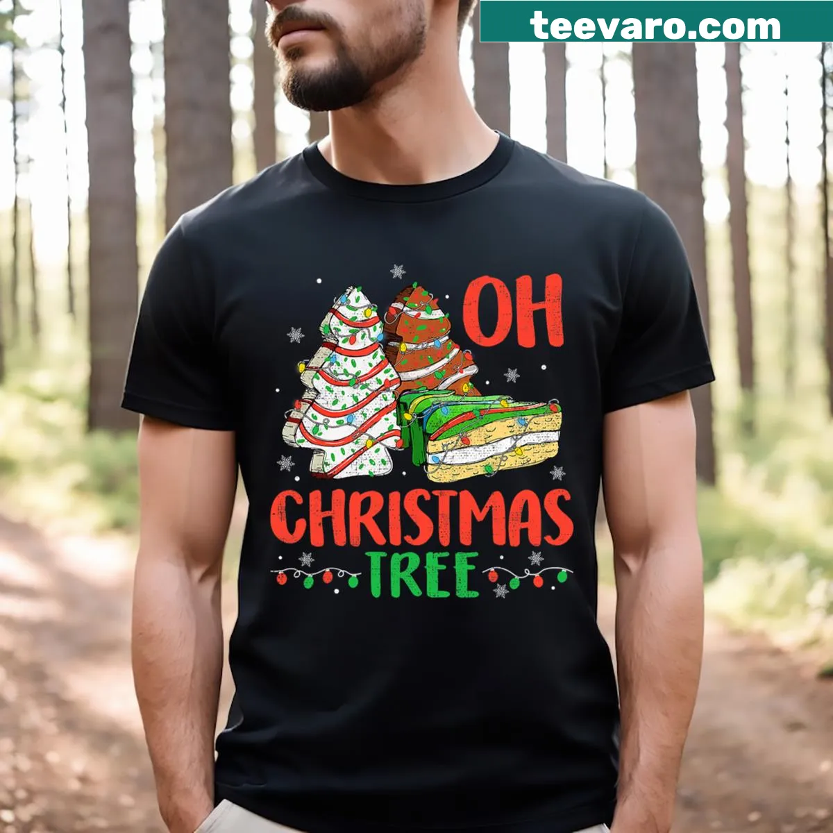 Festive T-shirt featuring Christmas cakes and names for cake lovers — on a men's t-shirt
