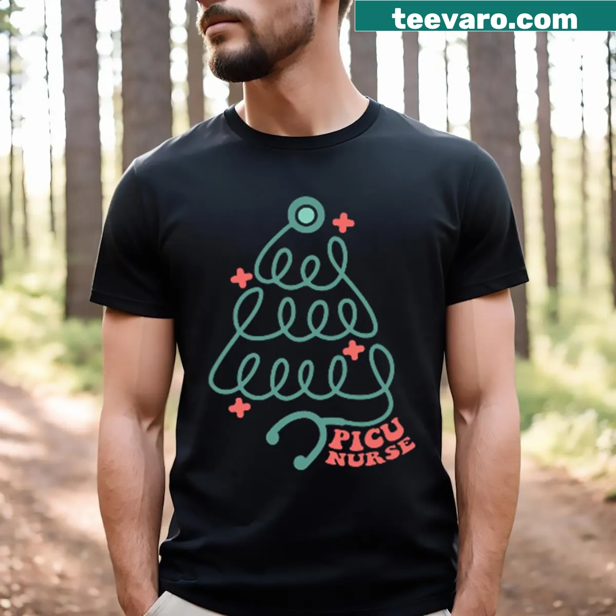 Christmas-themed T-shirt celebrating PICU nurses with Santa design — on a men's t-shirt