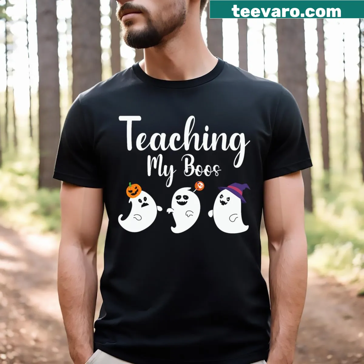 Humorous Halloween T-shirt for teachers featuring ghost designs — on a men's t-shirt