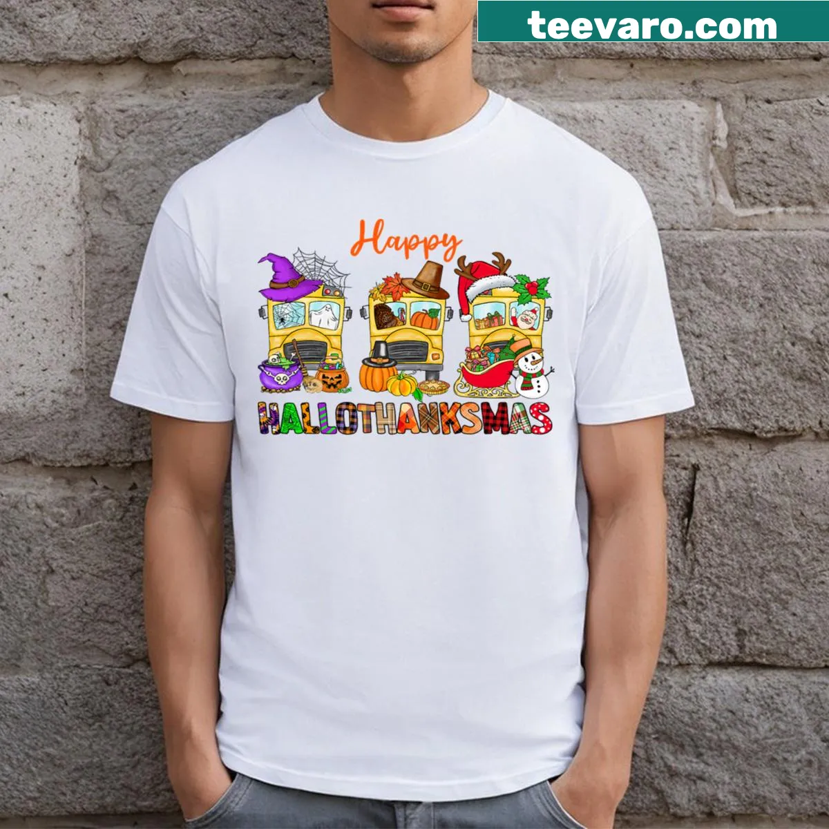 Gnome-themed T-shirt celebrating Halloween, Thanksgiving, and Christmas — on a men's t-shirt