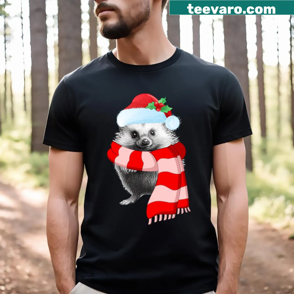 Cute hedgehog in a Santa hat and scarf on a Christmas t-shirt — on a men's t-shirt
