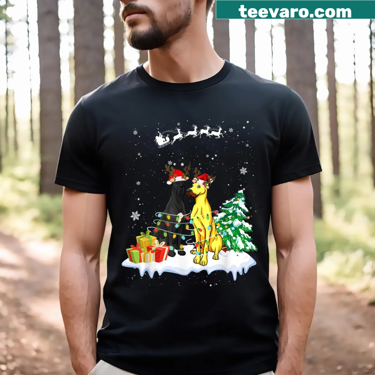 Great Dane with Santa hat next to Christmas tree t-shirt — on a men's t-shirt