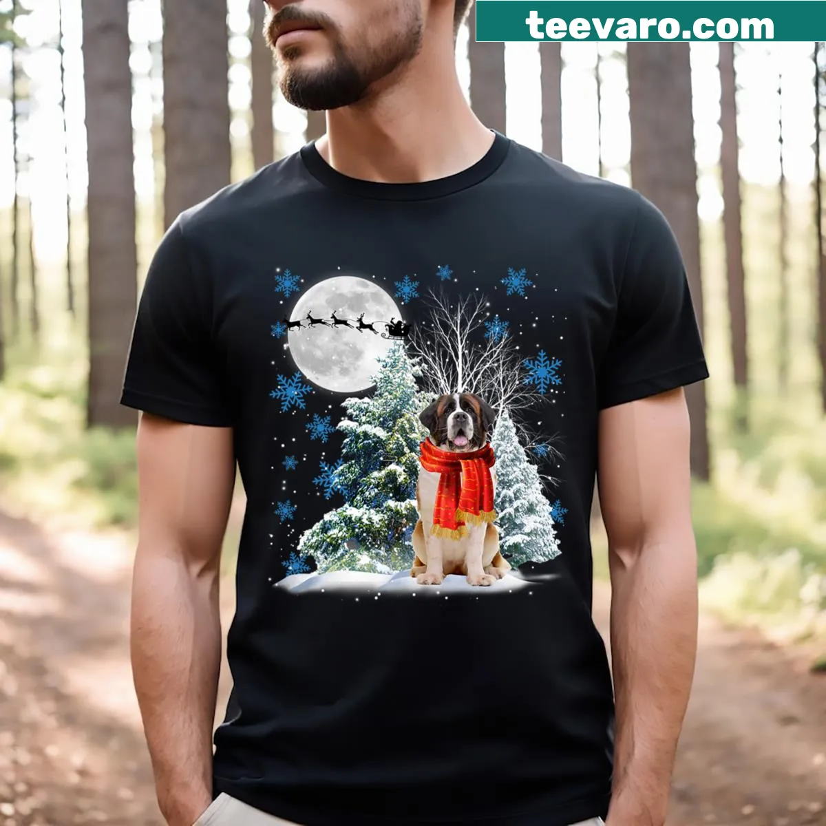 St Bernard in Santa hat with Christmas tree t-shirt — on a men's t-shirt