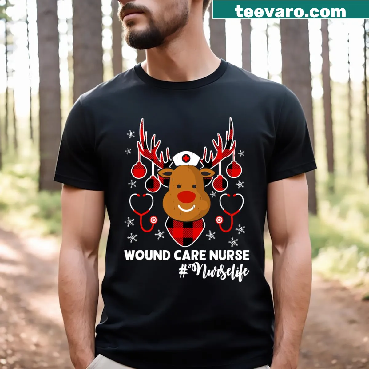 Reindeer in scrubs for wound care nurse Christmas t-shirt — on a men's t-shirt