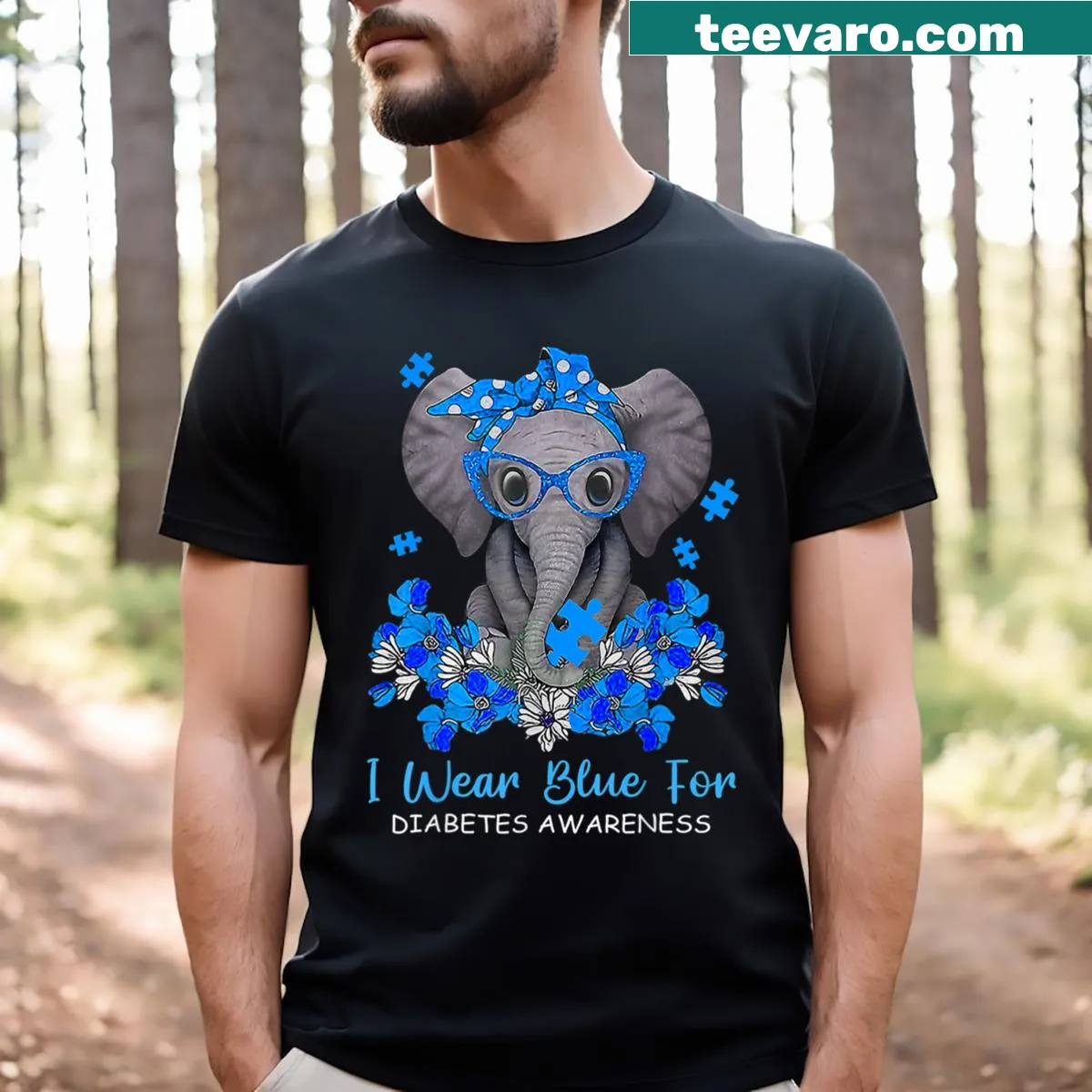 Illustration of an elephant with text for diabetes awareness on t-shirt — on a men's t-shirt