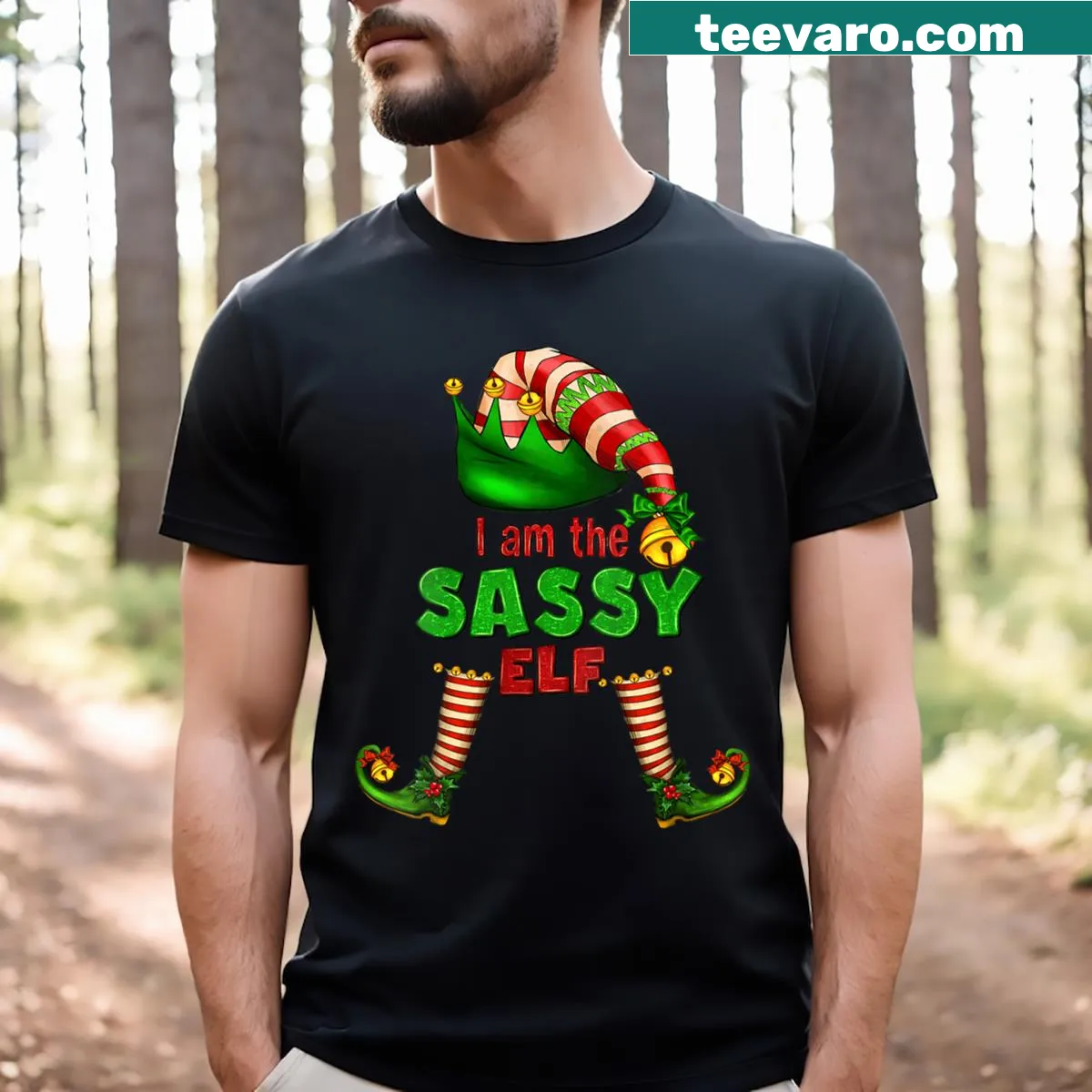 Funny Christmas v-neck tee with a sassy elf illustration — on a men's t-shirt