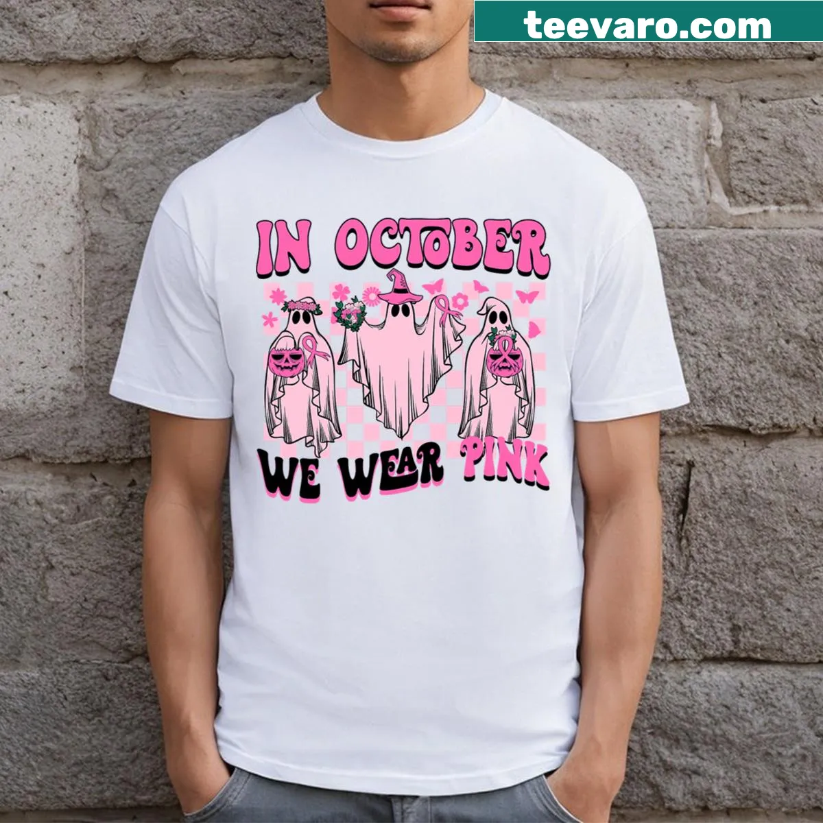Pink ghost-themed shirt supporting breast cancer awareness in October — on a men's t-shirt