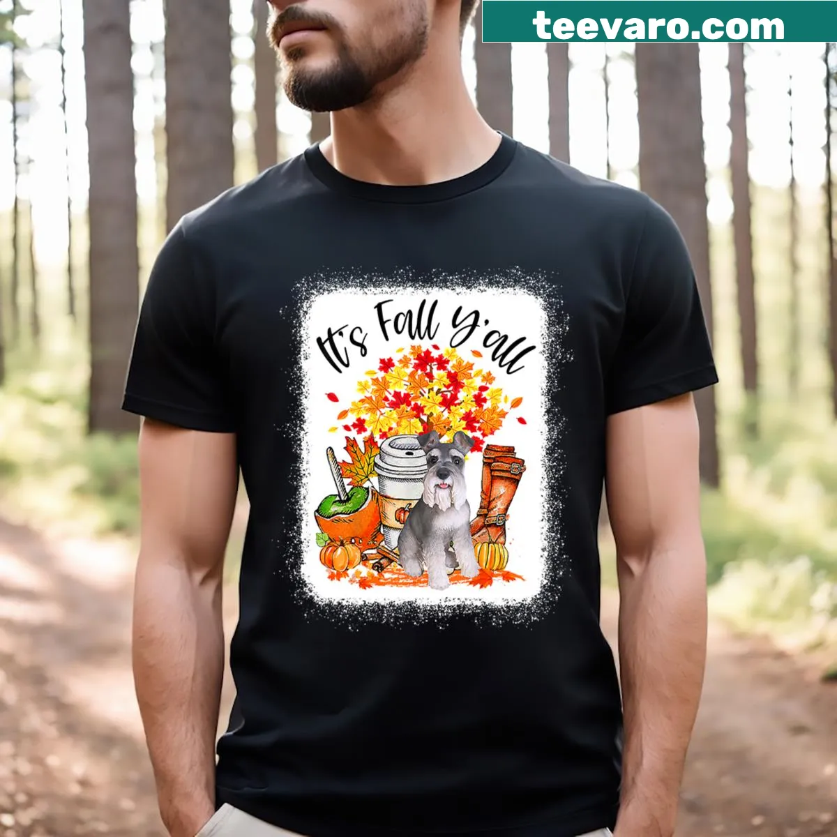 Schnauzer dog graphic with fall elements on a T-shirt. — on a men's t-shirt