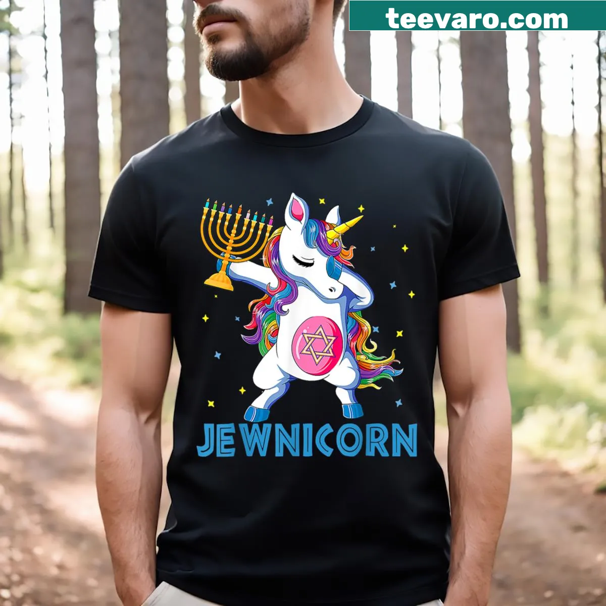 Funny T-shirt with 'Jewnicorn' design for Hanukkah celebrations — on a men's t-shirt