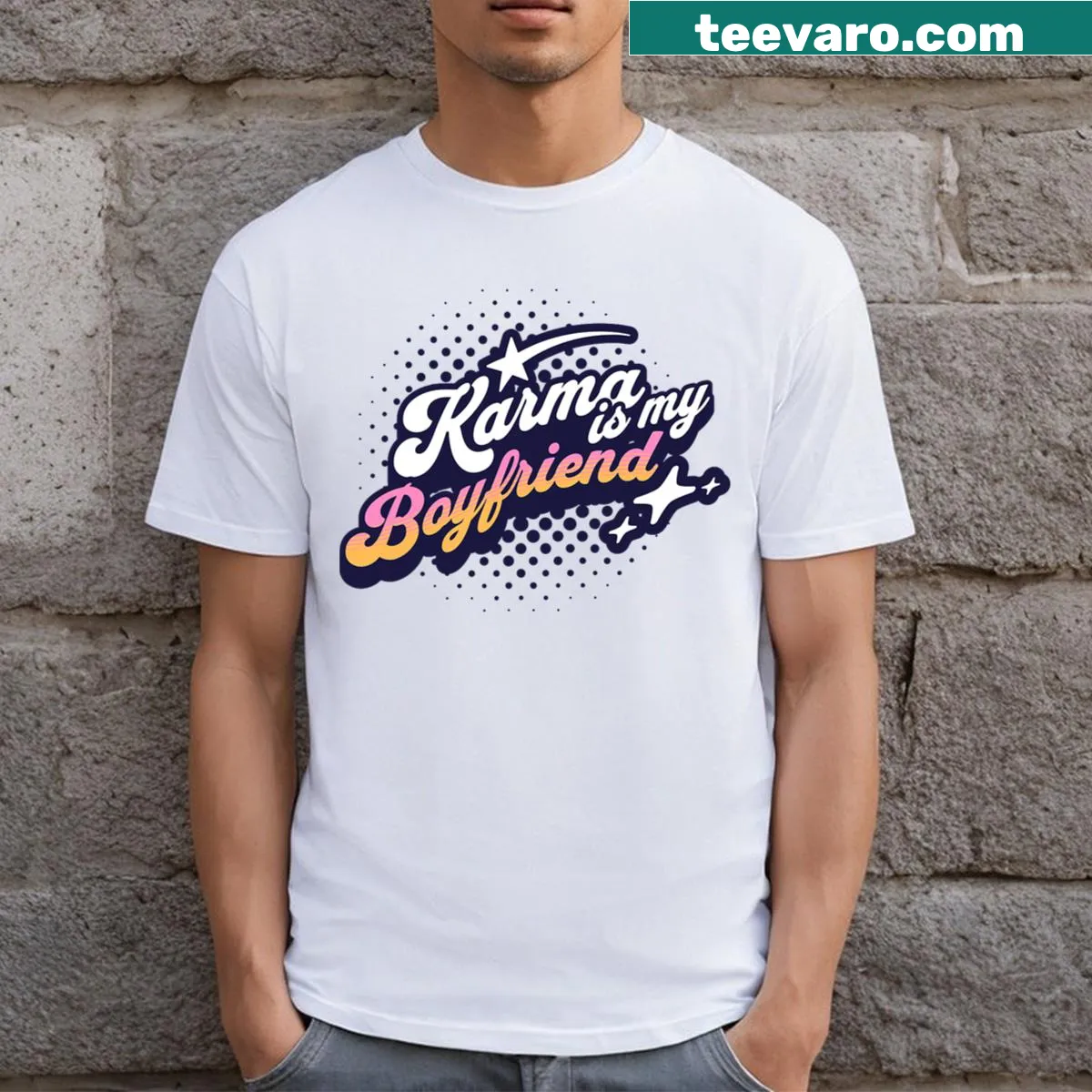 Yoga-themed t-shirt with retro typography about karma — on a men's t-shirt