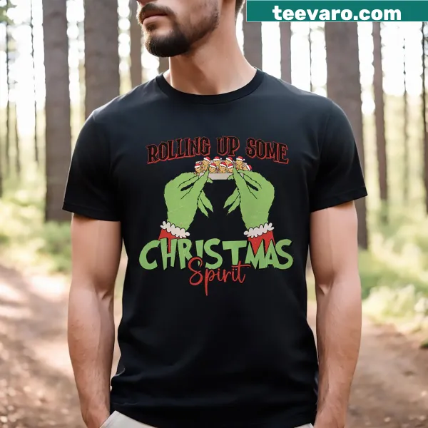 Joyful character rolling up Christmas spirit graphic t-shirt