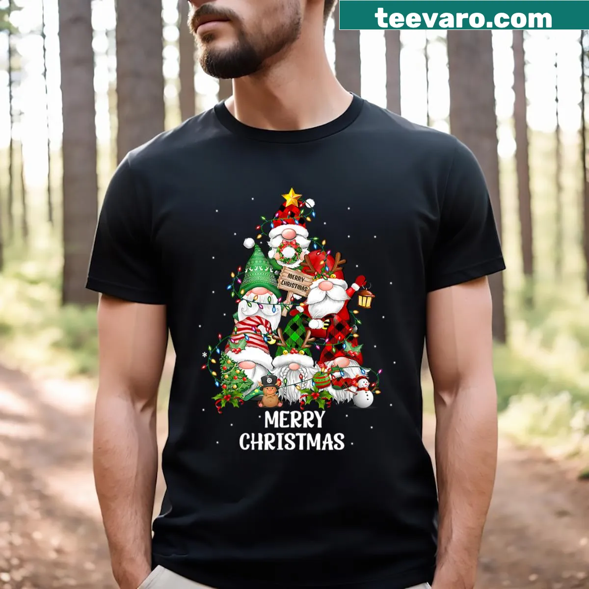 Funny Christmas gnome t-shirt with three gnomes celebrating the holiday. — on a men's t-shirt