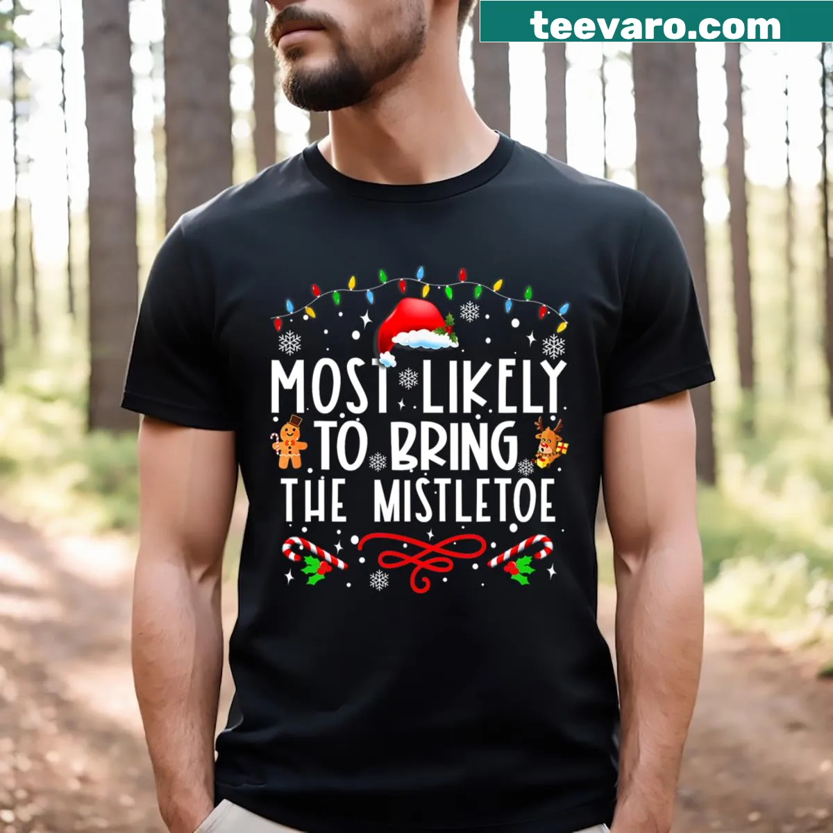 Funny family Christmas t-shirt with mistletoe-themed text — on a men's t-shirt