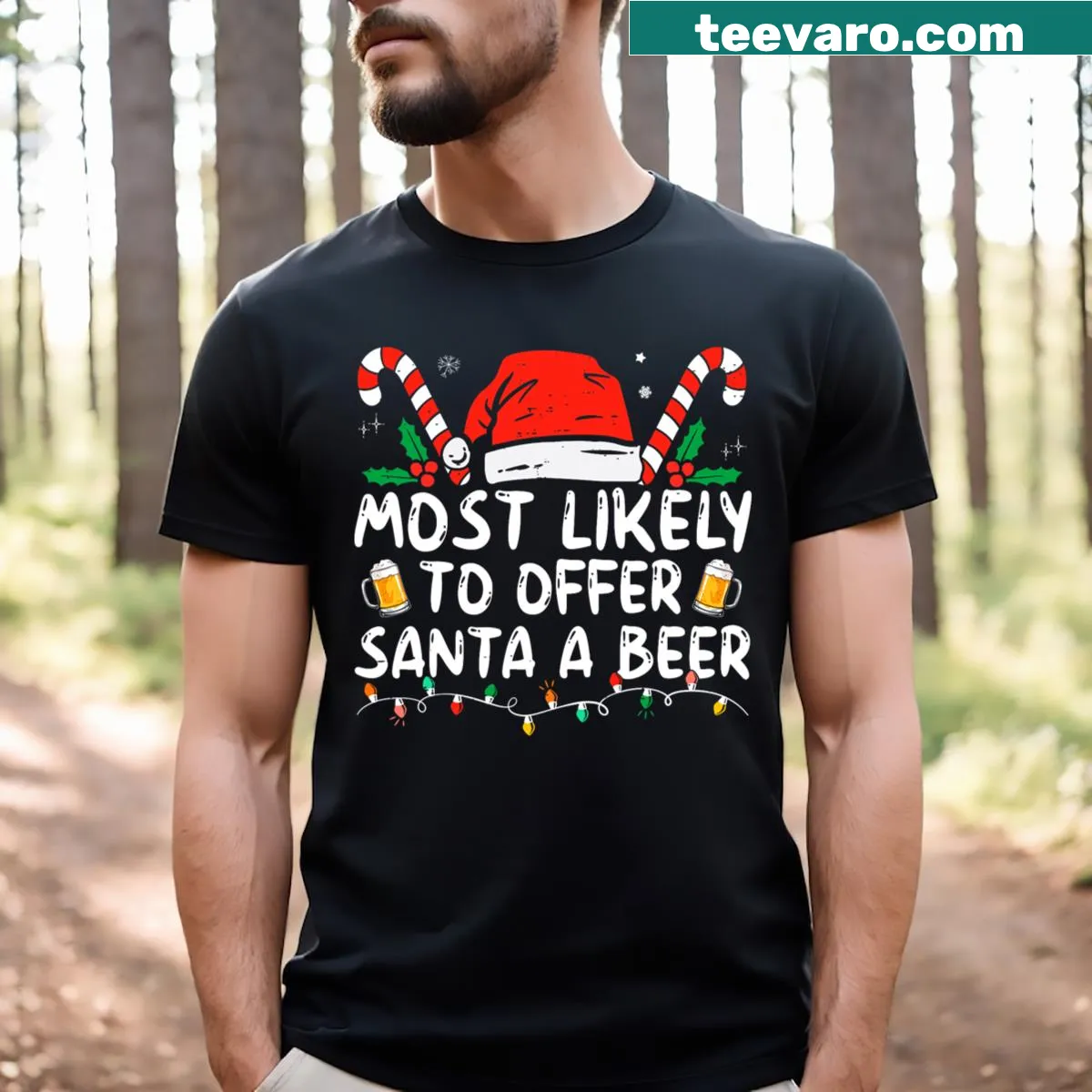 Funny Santa beer offering Christmas t-shirt — on a men's t-shirt